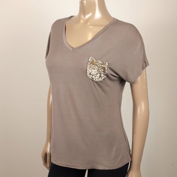 Bedo Femme Sequin Pocket Top Vneck Short Sleeve Dolman Tshirt Brown Gold Modal - Picture 5 of 9